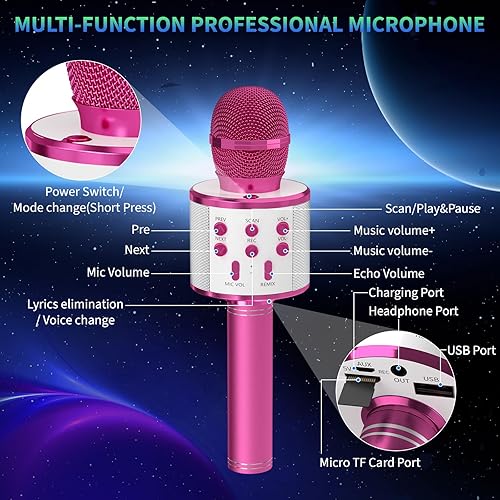 Miniatura 7 de Paquete de 2 micrófonos de karaoke, micrófono Bluetooth para cantar, micrófonos inalámbricos, juguetes para niñas, niños y adultos, micrófono