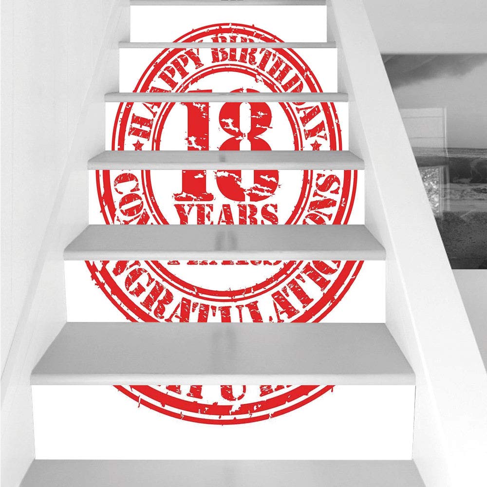 Stair Stickers Wall Stickers,6 PCS Self-Adhesive,18th Birthday Decoration,Vintage Happy Birthday Sweet Eighteen Stamp Icon Image Print,Red and White,Stair Riser Decal for Living Room, Hall, Kids Room