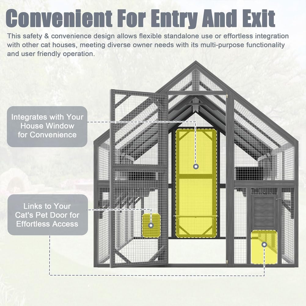 Outdoor Cat Enclosure 74" Large Wooden Catio with 7 Platforms, 2 Rest Boxes & Bridges, Weather-Protective Roof, Secure Multi-Level Cat House for Multiple Cats Outdoor Play, Gray