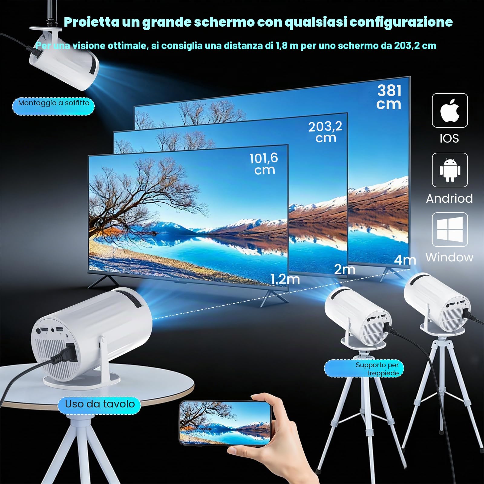 Mini Proiettore Portatile,Proiettore Portatile Full HD con 4K WiFi 6 BT5.4,Ruotabile 180°,Home Theater Videoproiettore da soffitto hd per Telefono/PC/HDMI/TV Stick/Memory Stick[App Integrata]