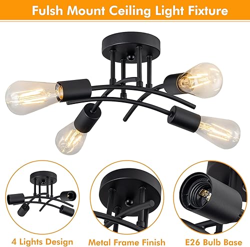 Miniatura 4 de Lámpara industrial de techo semiempotrada de 4 luces, moderna lámpara negra para cerca del techo, lámpara de araña con base E26, lámpara colgante de