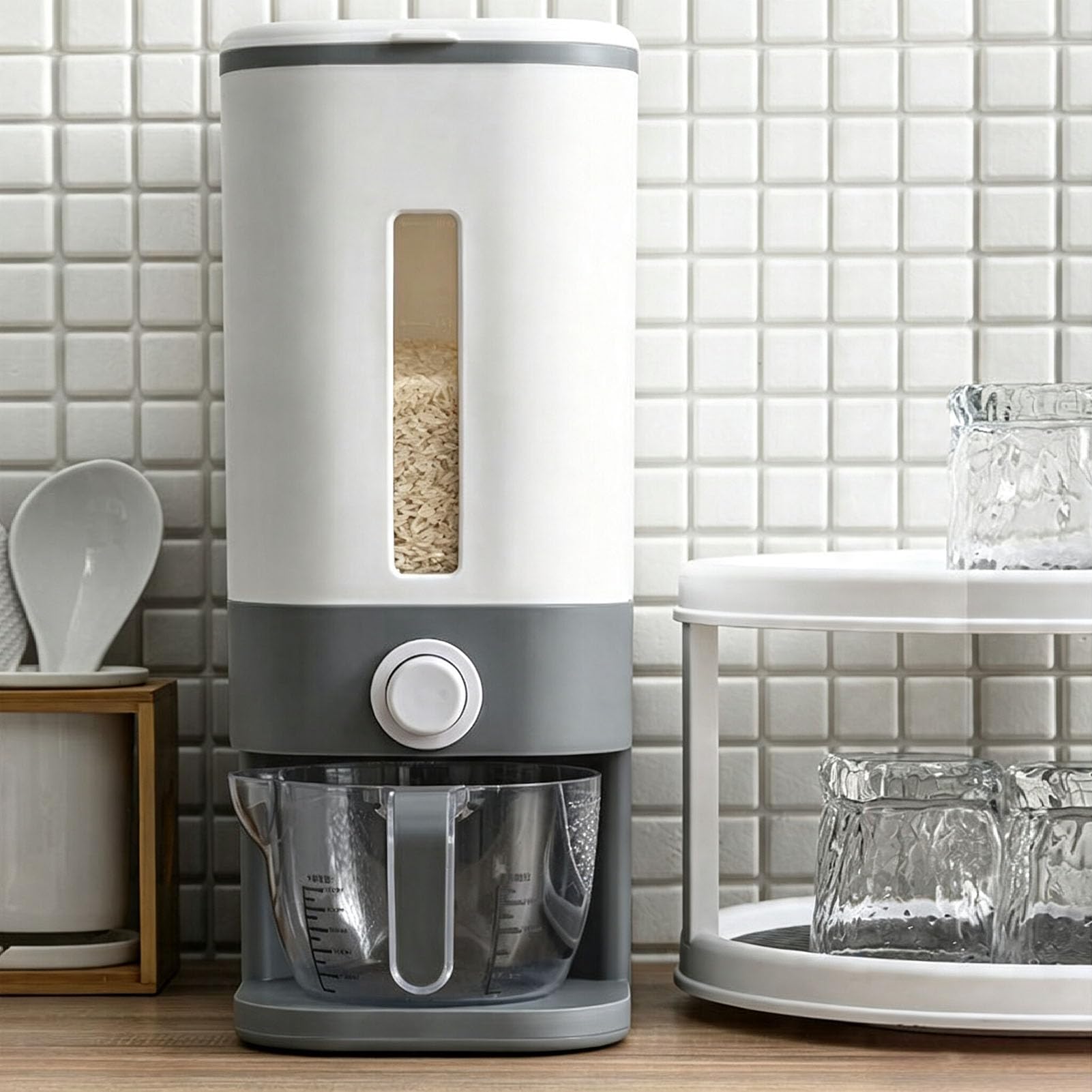 Pssopp Contenitore per Riso, Dispenser Ermetico, per (Standard Gray 12KG) | Distributore di riso con controllo della porzione a un pulsante, sigillato a prova di polvere, per cucinare in casa
