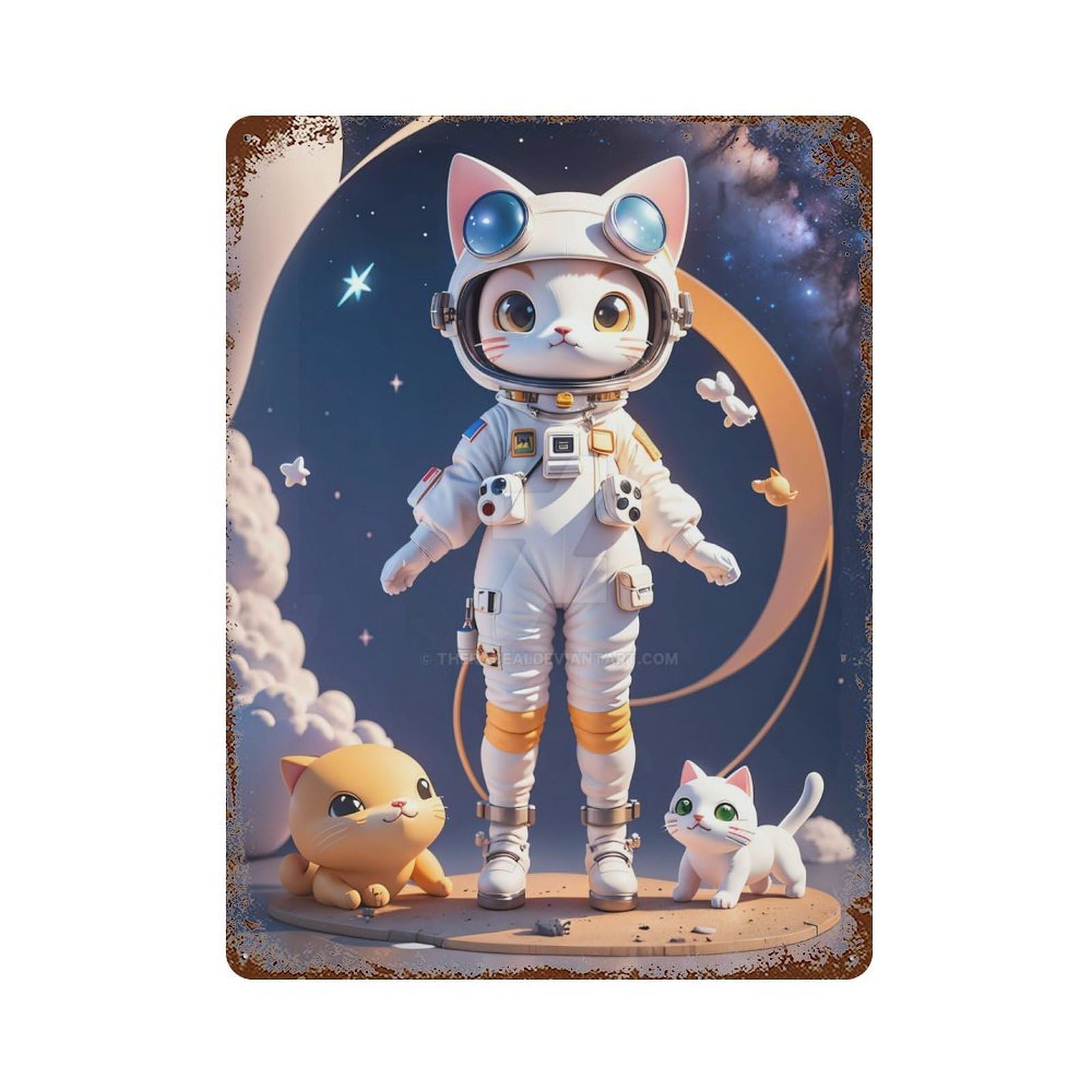 Astronaut Cat in Space 15.7"x11.8" Distressed Metal Wall Sign, Shabby Chic Decor for Shed, Workshop And Garage Wall Decor