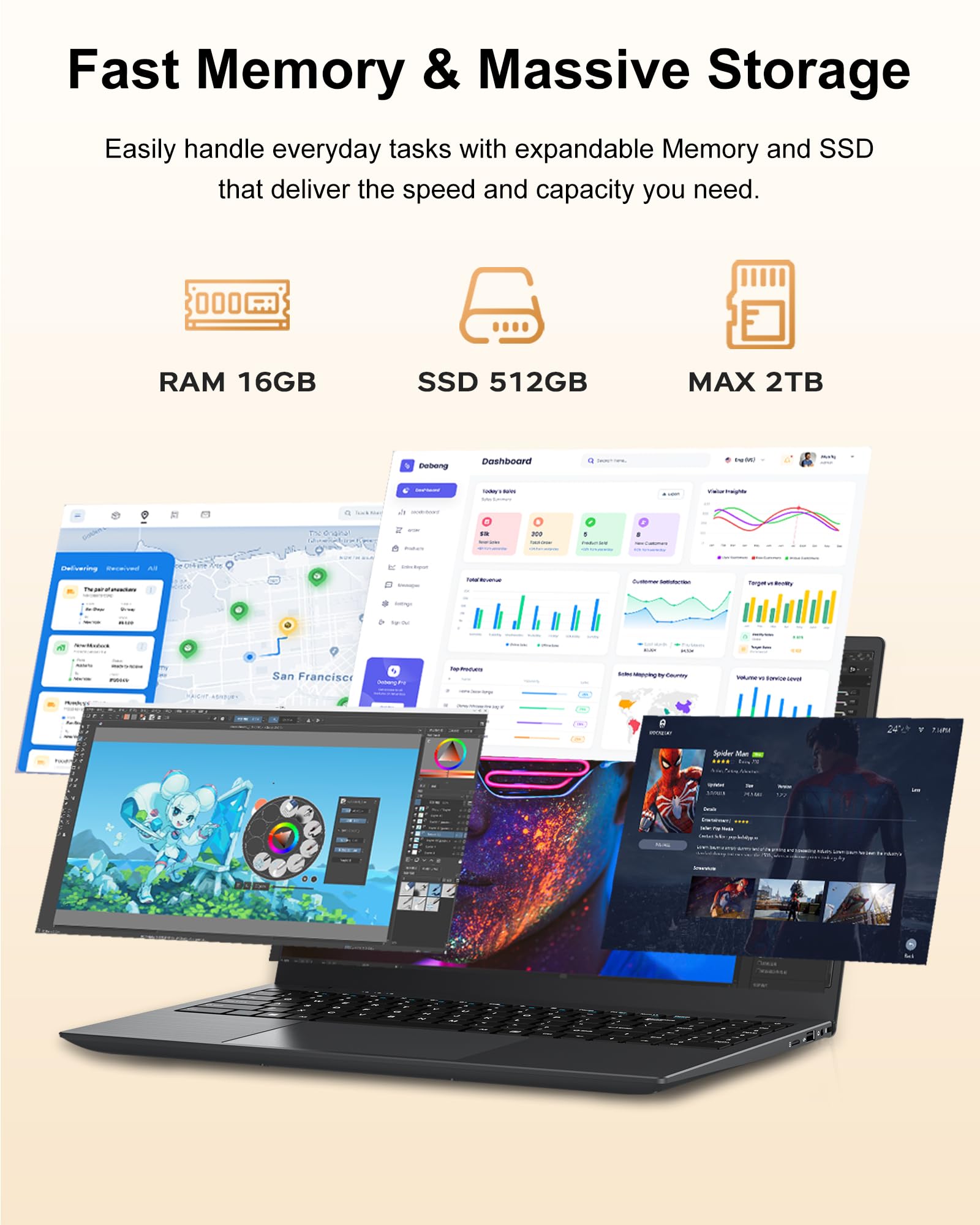 15.6" Laptop Computer, Laptop with 16GB RAM 512B SSD, Gold 6500Y (Up to 3.4GHz), 1080P FHD IPS Display, Type-C, HDMI, USB3.2, WIFI, Bluetooth, Long Battery Life, Laptops for Business & Student