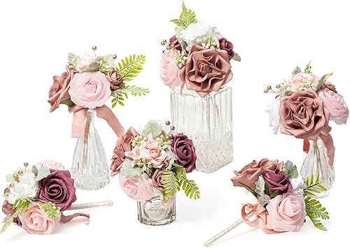 Miniatura 5 de Ling's Moment Juego de 6 miniramos de dama de honor prefabricados con flores pequeñas, para centros de mesa de boda, blanco y beige