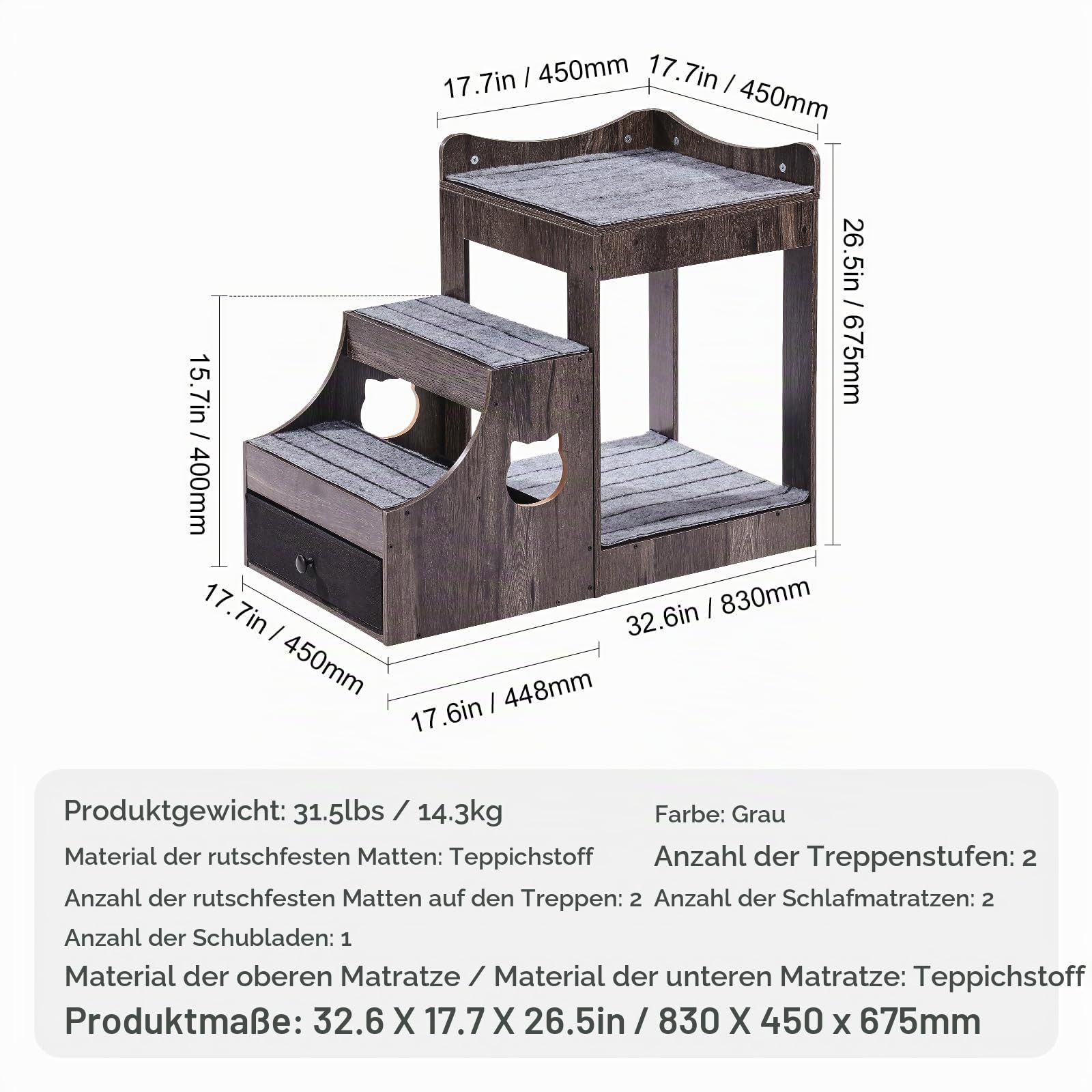 VEVOR Etagenbett für Haustiere mit Abnehmbarer Treppe, Fenstersitzstange für Hunde/Katzen mit Stauraum, mehrstufiges Bett, Fenstersitzstange, Schlafcouch, Sitzplattform für Haustiere, 830x450x675mm