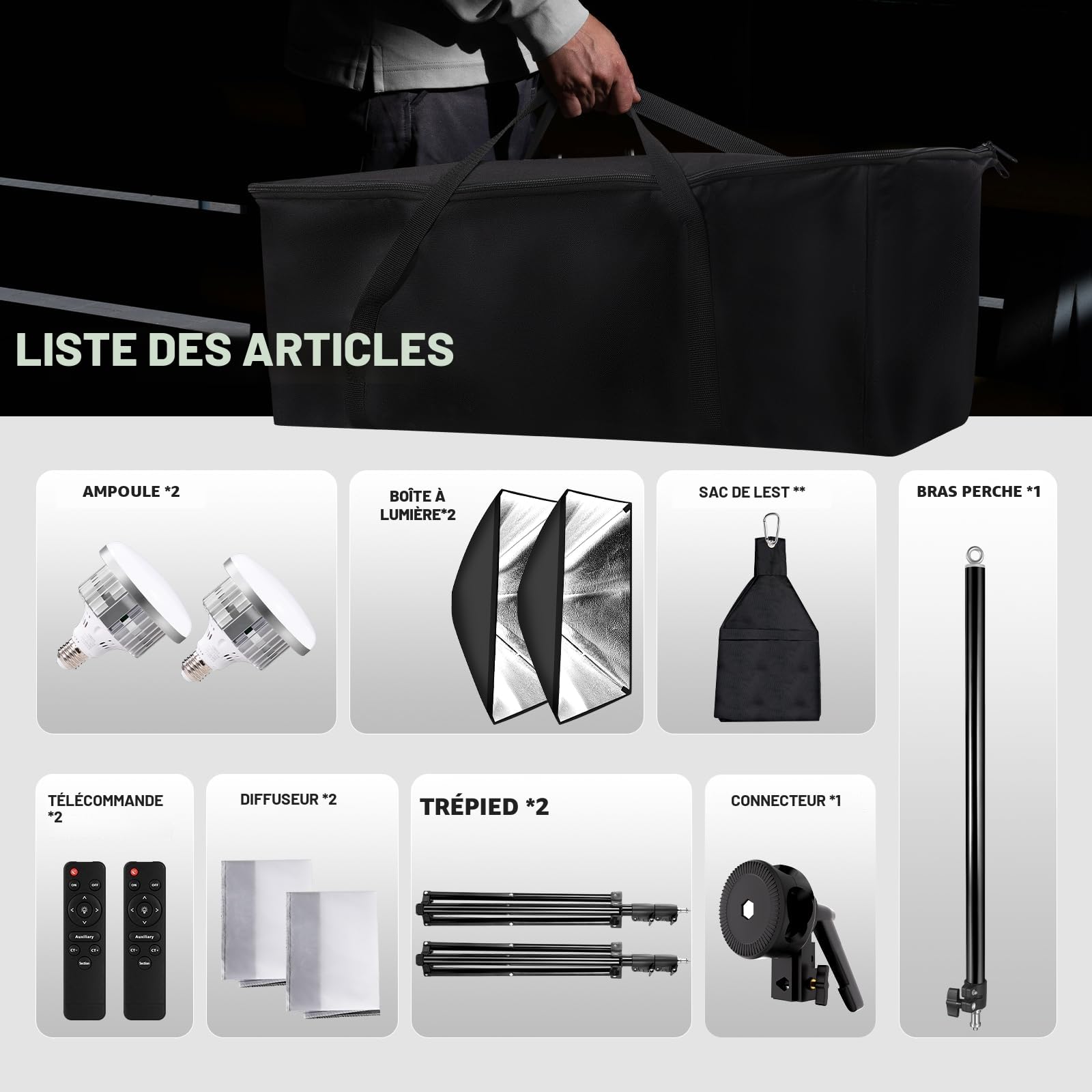 Boîte à Lumière Niceveedi 50 x 70 cm, Kit D'éclairage Photographique avec Trépied de 203 cm et Perche de 150 cm, Softbox Vidéo 85 W avec Ampoule 2700K-6500K, pour Enregistrement vidéo (2-Pack)