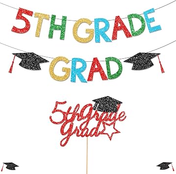 5TH Grade Graduation Decorations Banner Glitter Gold Bye Bye 5th Grade Hello High School Banner Cake Topper Elementary Fifth Grade Grad Graduation Decorations 2026 NO-DIY