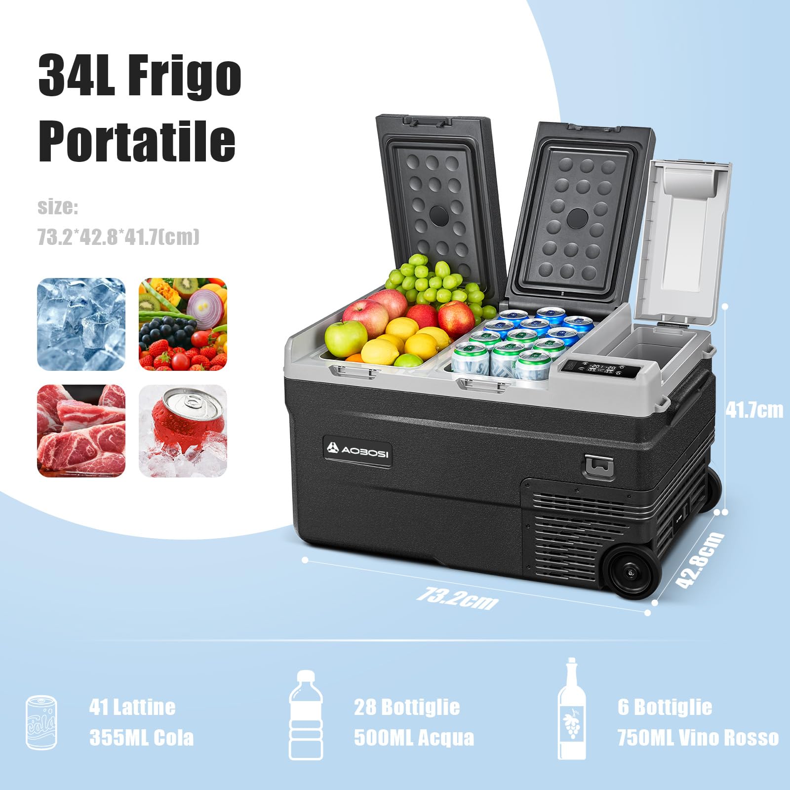AAOBOSI Frigo Portatile 34L, Frigo Per Auto Doppia Zona -20℃ a 20℃, 12/24V DC e 100-240V AC Frigoriferi Portatile Per Auto, Camion, Barche, Case e Campeggio