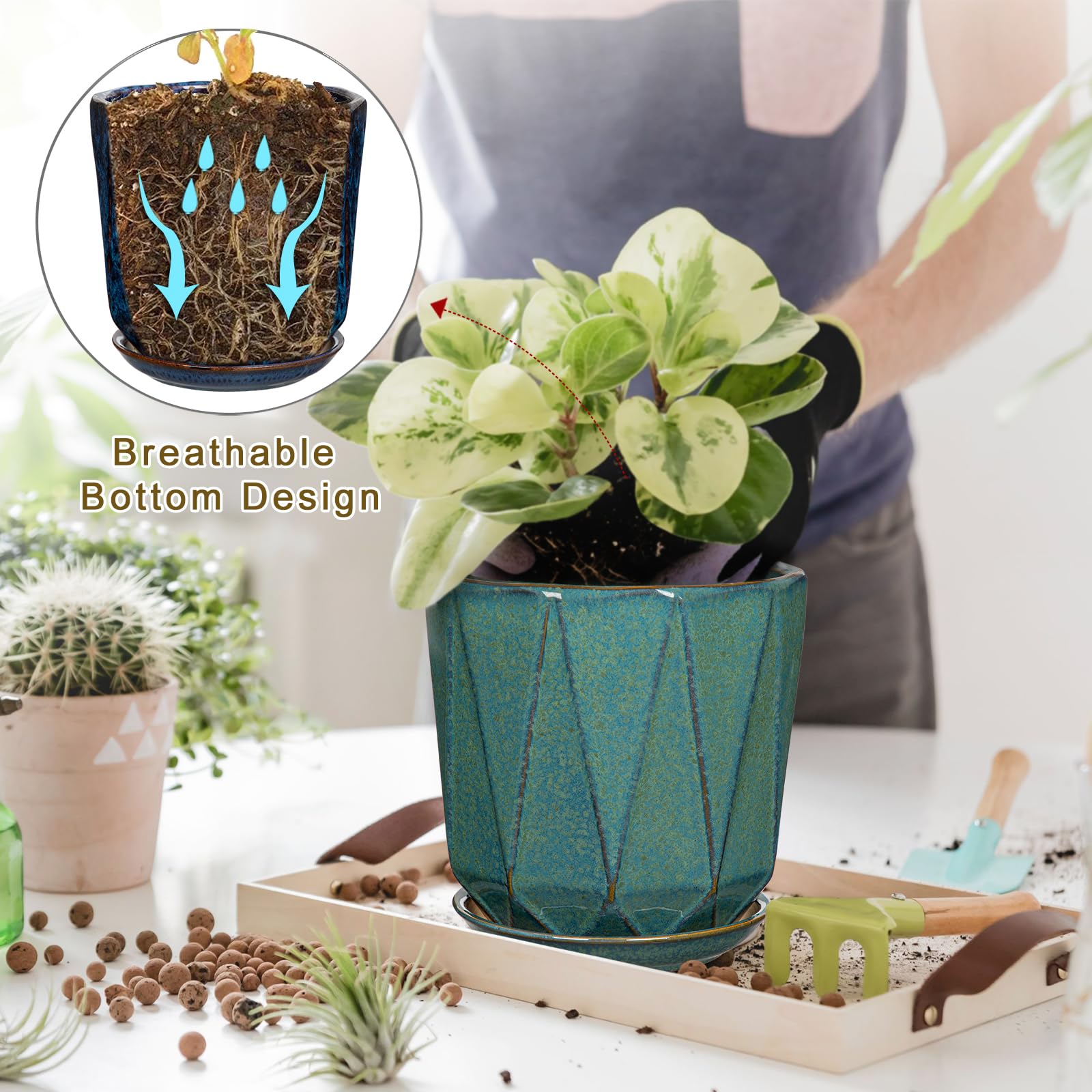 Oairse Pots de fleurs en céramique avec trous de drainage et soucoupes pour plantes d'intérieur et d'extérieur, 20 + 15 cm, vert