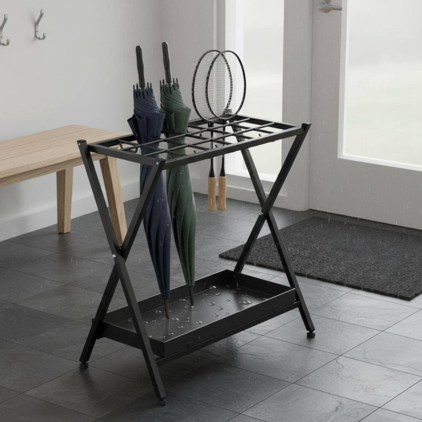 Soporte Plegable Organizador de Estante para Raquetas Portacosas con Bandeja Inferior Diseño Ahorra Espacio Hierro y Plástico Adecuado para Entrada Estudios Balcón Aficionados, Blanco