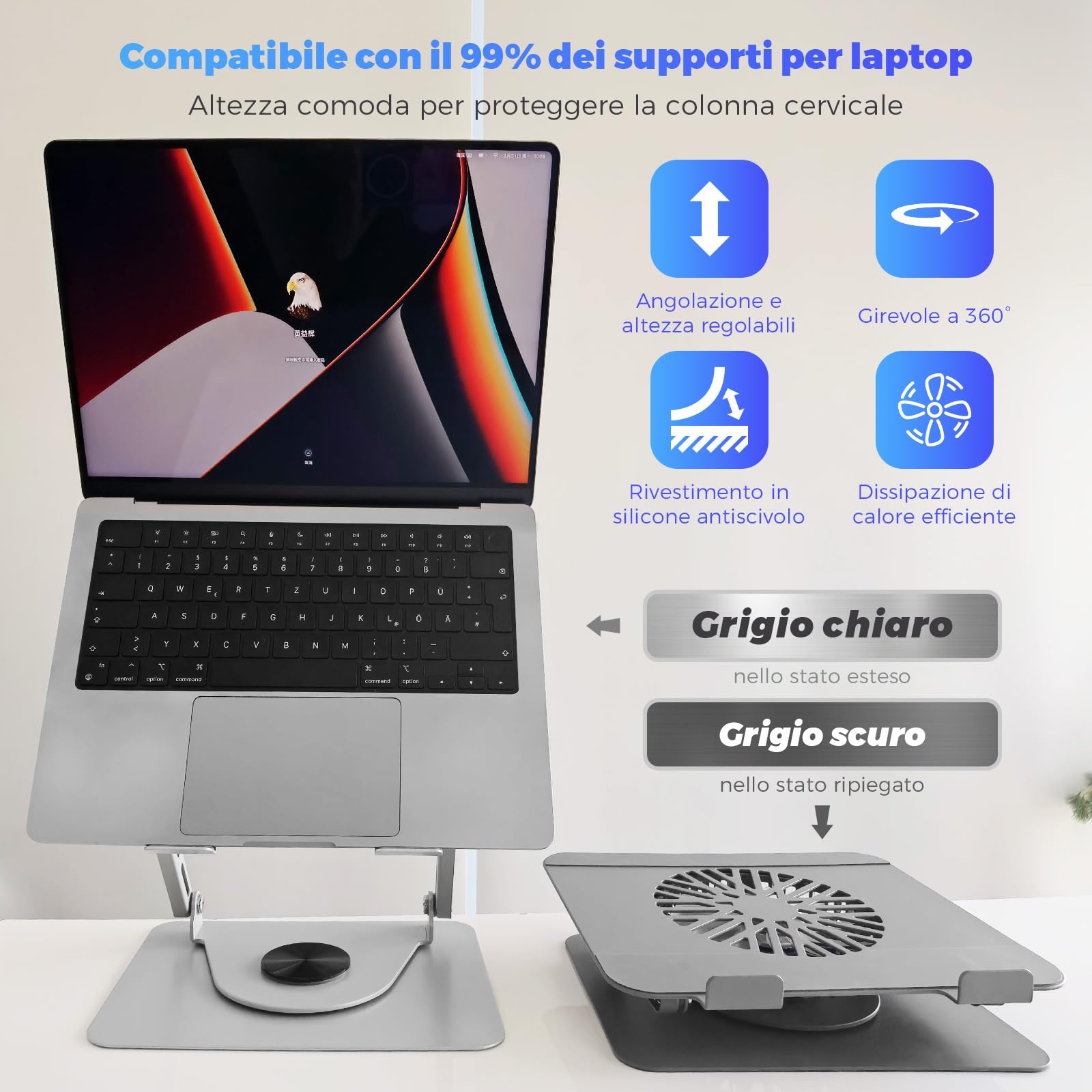 Supporto per laptop in alluminio, girevole a 360°, pieghevole, con ventola magnetica per raffreddamento, compatibile con MacBook e dispositivi da 10 a 17,3 pollici (grigio scuro)