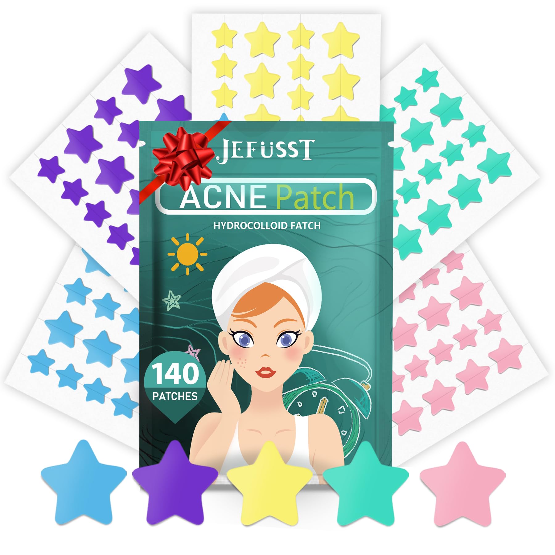 Star Acne Pimple Patch 140 Counts Hydrocolloid Acne Patches for Face Purple Blue Green Pink and Yellow