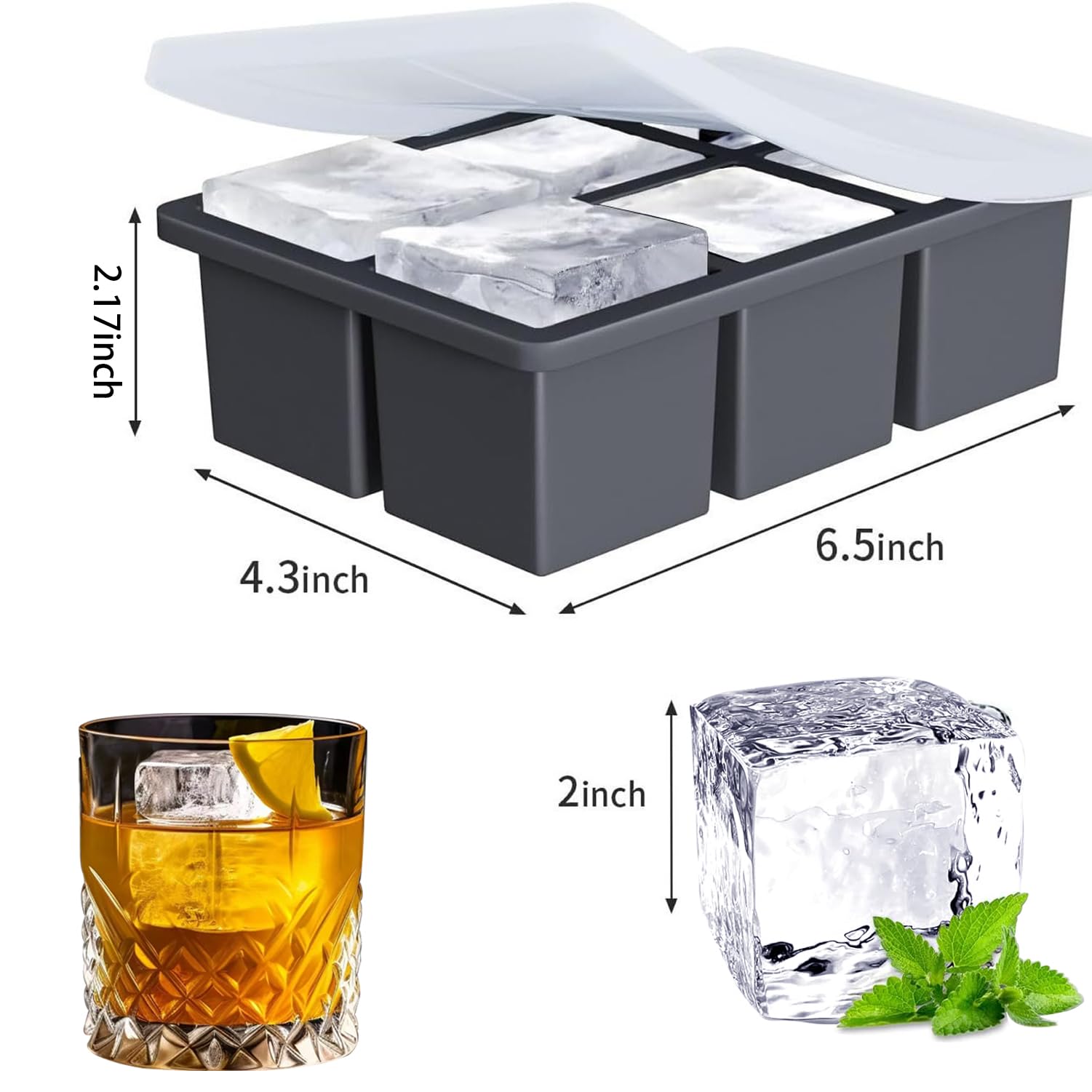 Bandeja grande para cubitos de hielo para whisky: rejilla de hielo cuadrada grande de 2 pulgadas, bandejas de hielo de silicona grandes, paquete de 2 bandejas de cubitos de hielo antiguas de silicona,