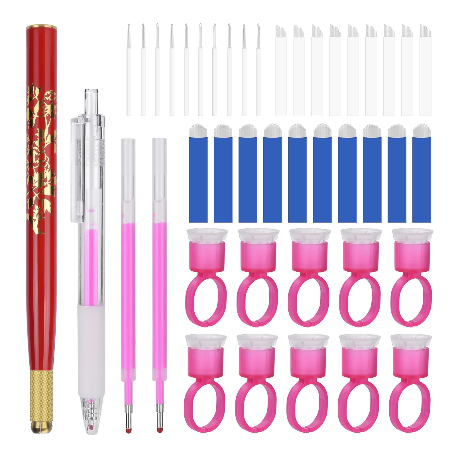 ATOMUS Flower Microblading Pen Kit Red Tattoo Eyebrow Manual Pen 1set Mark Pen 10pcs 18U/9PIN/3RL Eyebrow Microblades 10pcs Pigment Holder with Sponge