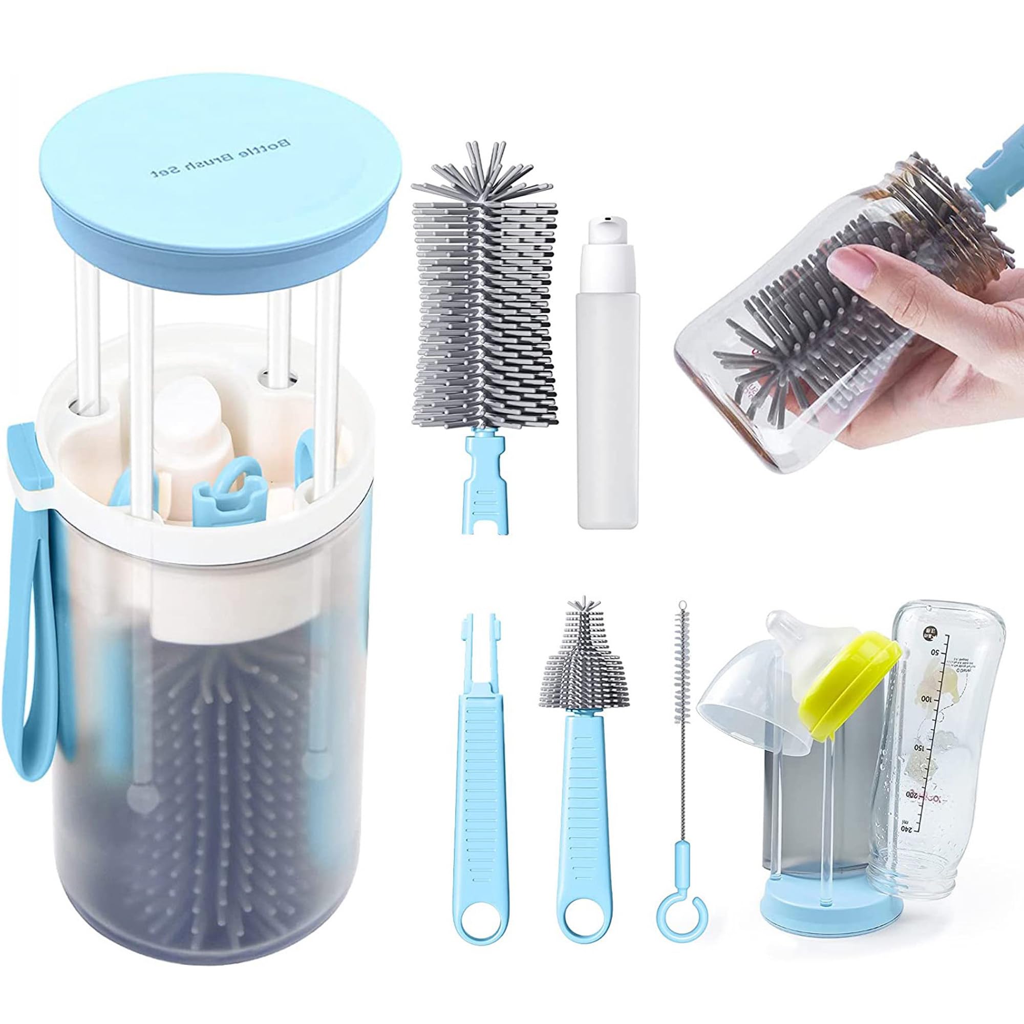 Travel Baby Bottle Brush Set with Silicone Portable Bottle Brush, Nipple Cleaner Brush, Straw Brush, Bottle Soap Dispenser and Stand (Blue)