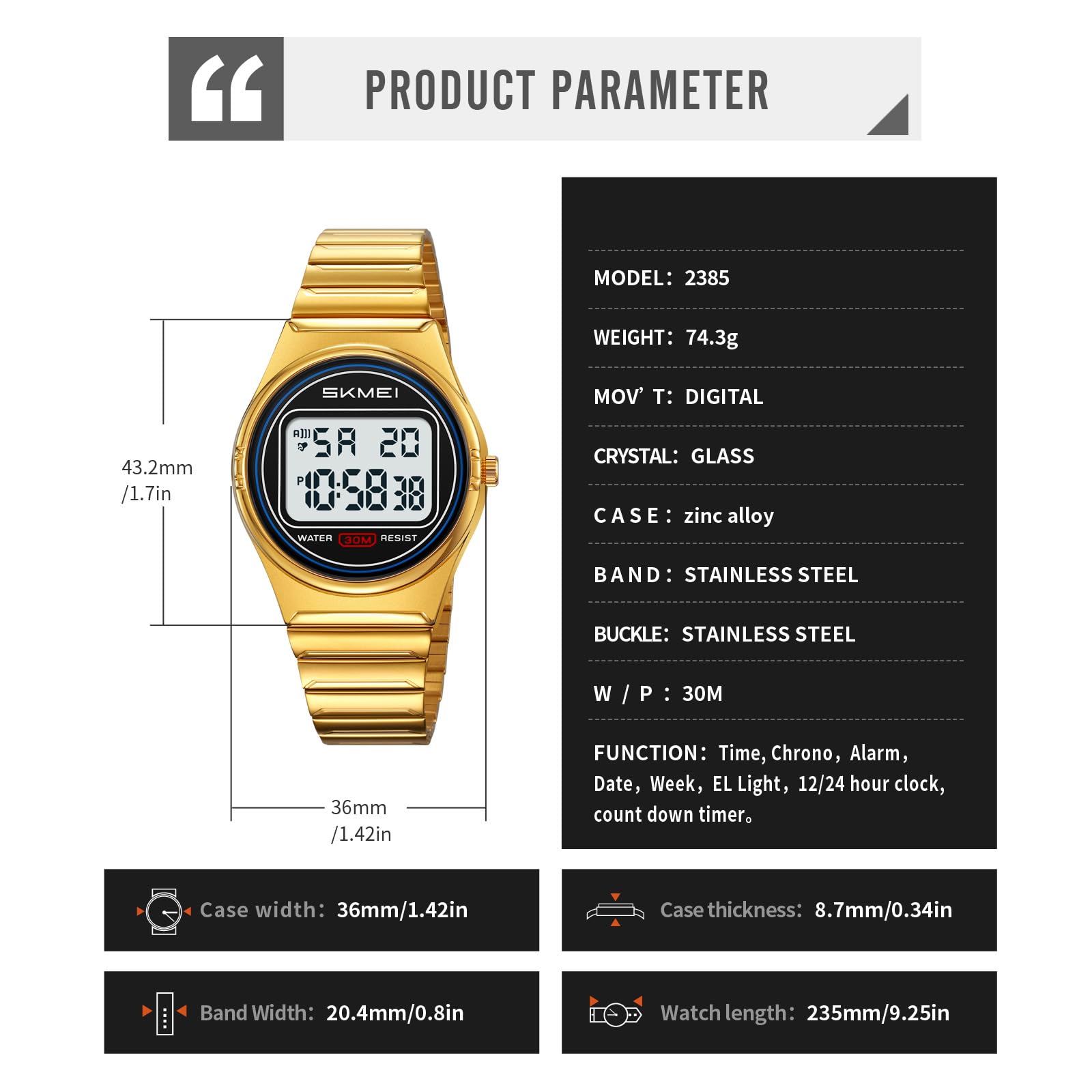 Gosasa Reloj digital retro ultrafino para hombre y mujer, resistente al agua, acero inoxidable 30 m, reloj de cuarzo informal con retroiluminación LED, alarma, cronómetro