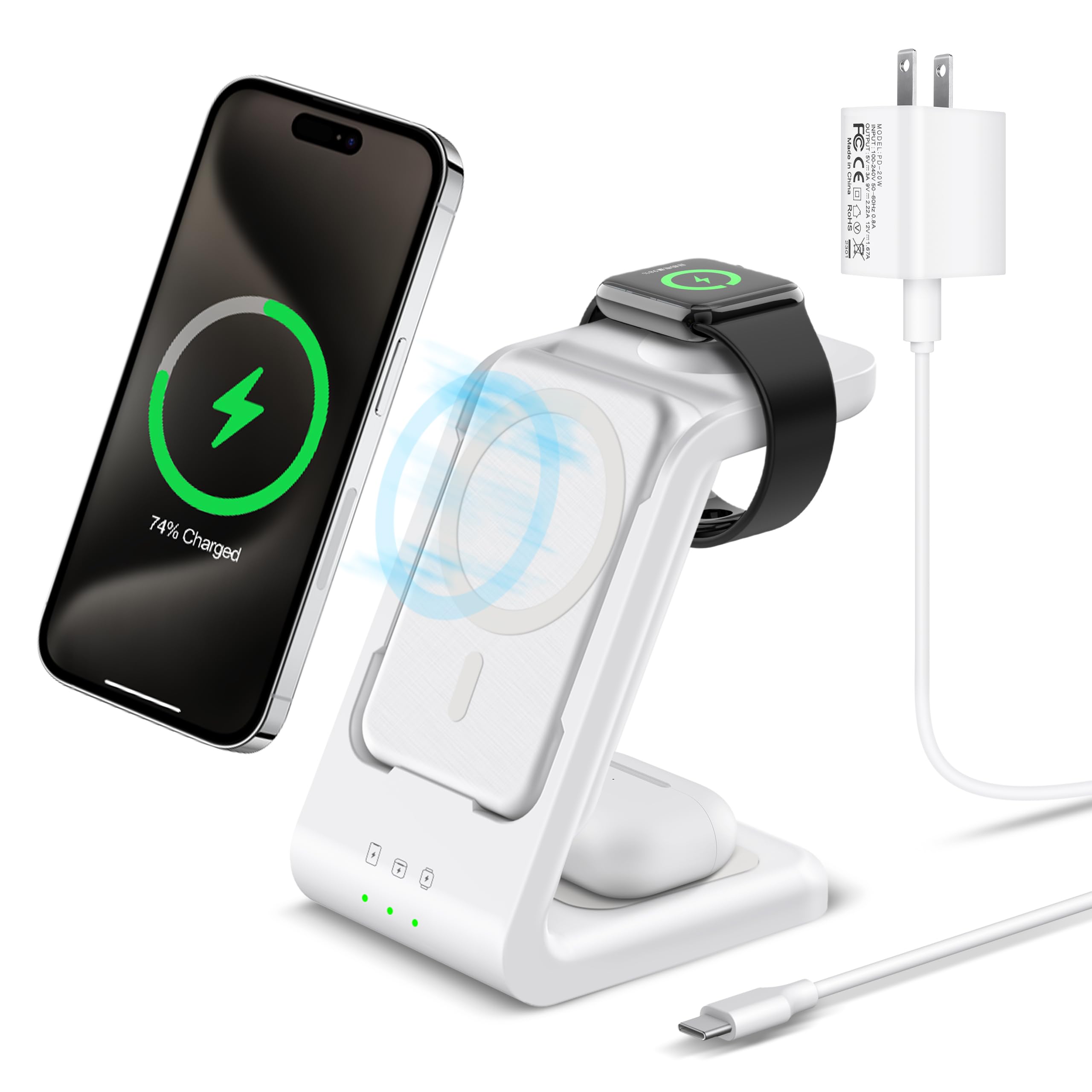 Smtcsl 3 in 1 Wireless Charging Station: 5000mAh Removable Power Bank Charger Stand for Phone/Watch/Air Pods - Portable Magnetic Battery Pack for Air 17 16 15 14 13 12 Series White