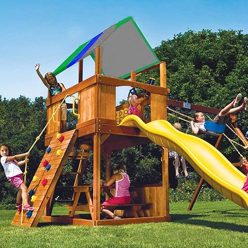 Miniatura 6 de Fulenyi Juego de columpio resistente, toldo de techo de 52 x 90 pulgadas para niños, juegos de columpios de madera para patio trasero, sombrilla de