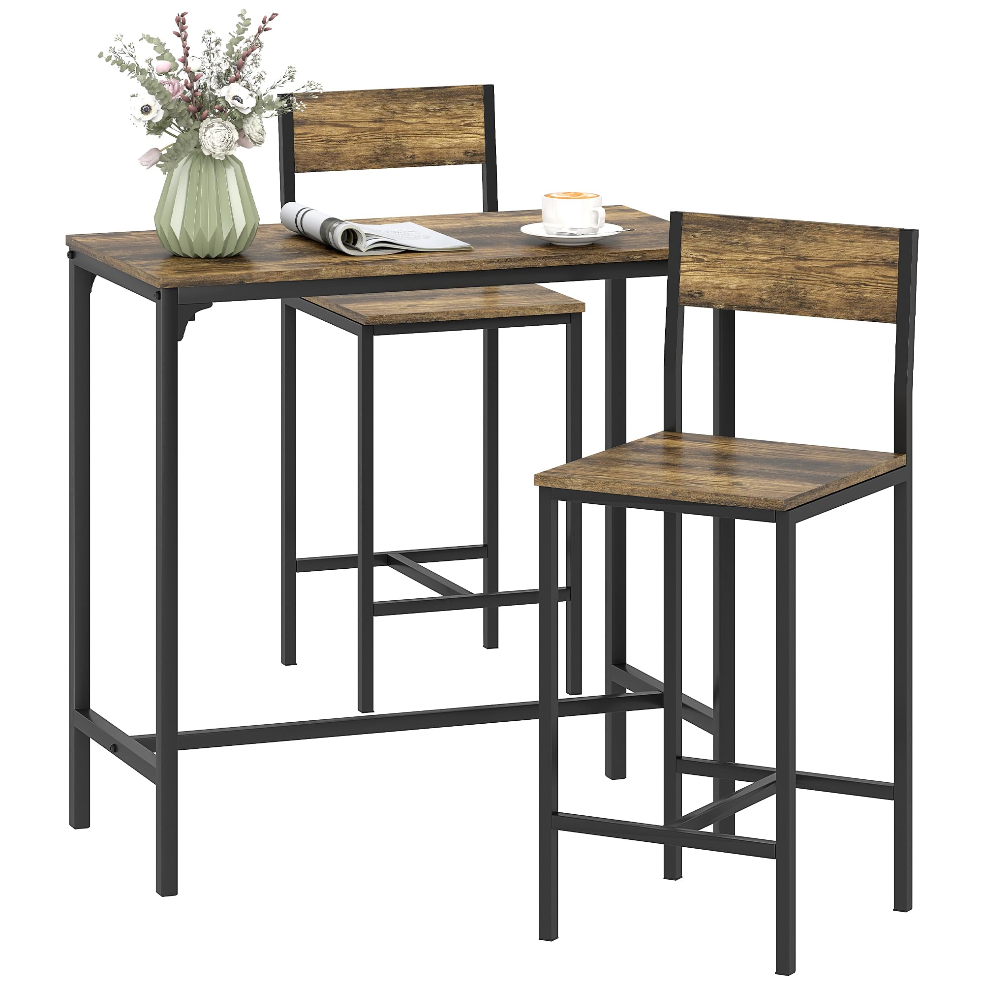 Homcom (Brown) 3-Piece Bar Table Set With 2 Stools, Footrest Brown