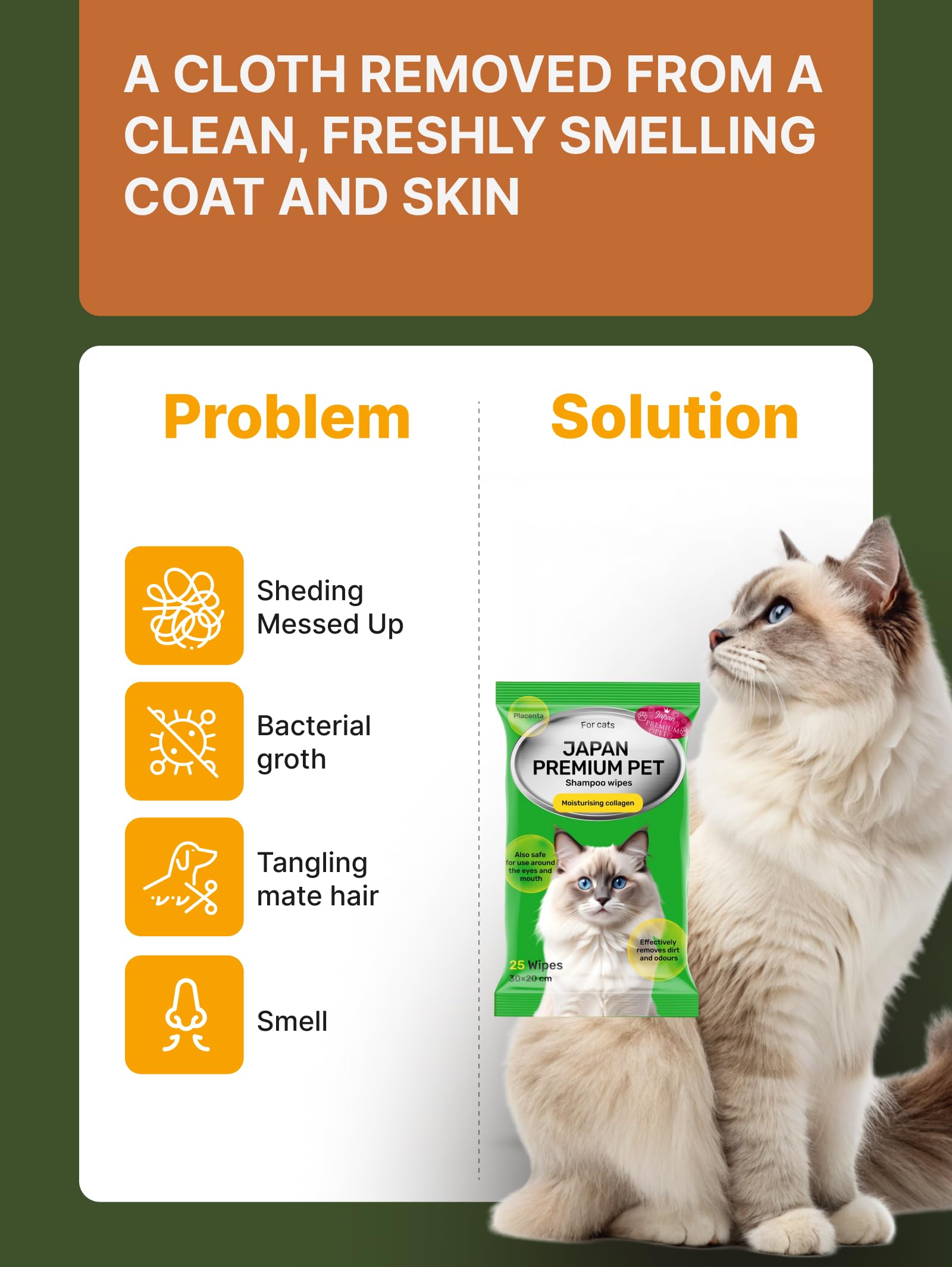 No Rinse Cat Shampoo Towel | Grooming Wipes That Work like Cat Dry Shampoo | Plant-based Cleaning & Deodorising Pet Wipes with Collagen & Placenta | 25 pcs (20 x 30 cm) — view 6