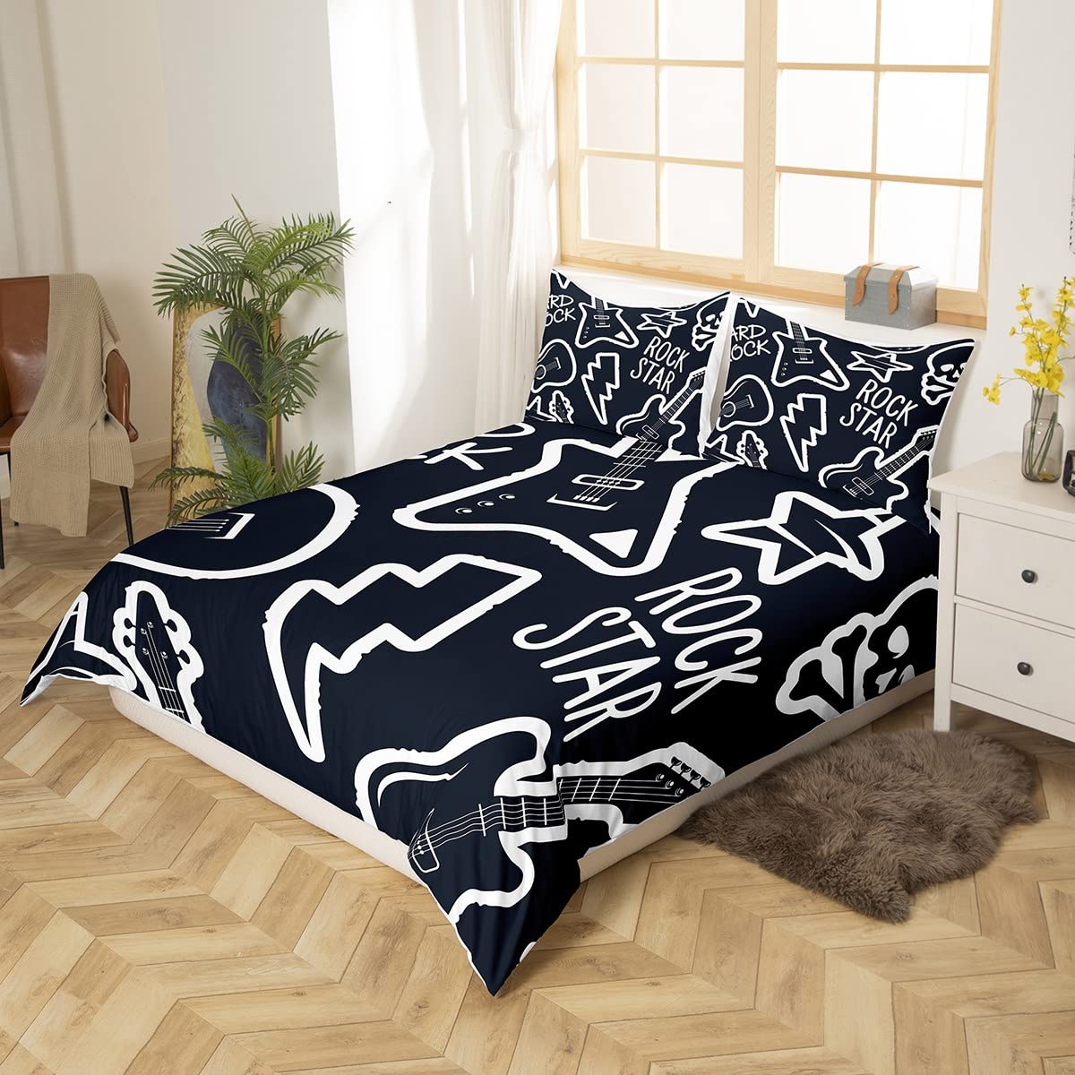 Black to Blue Rock Star Style Comforter Cover Set for Kids Girls Teens White Guitar Pattern Duvet Cover Microfiber Quilt Cover Decor 2Pcs Bedding with 1 Pillowcase Single,Single (53 inchx79 inch) - Image 3
