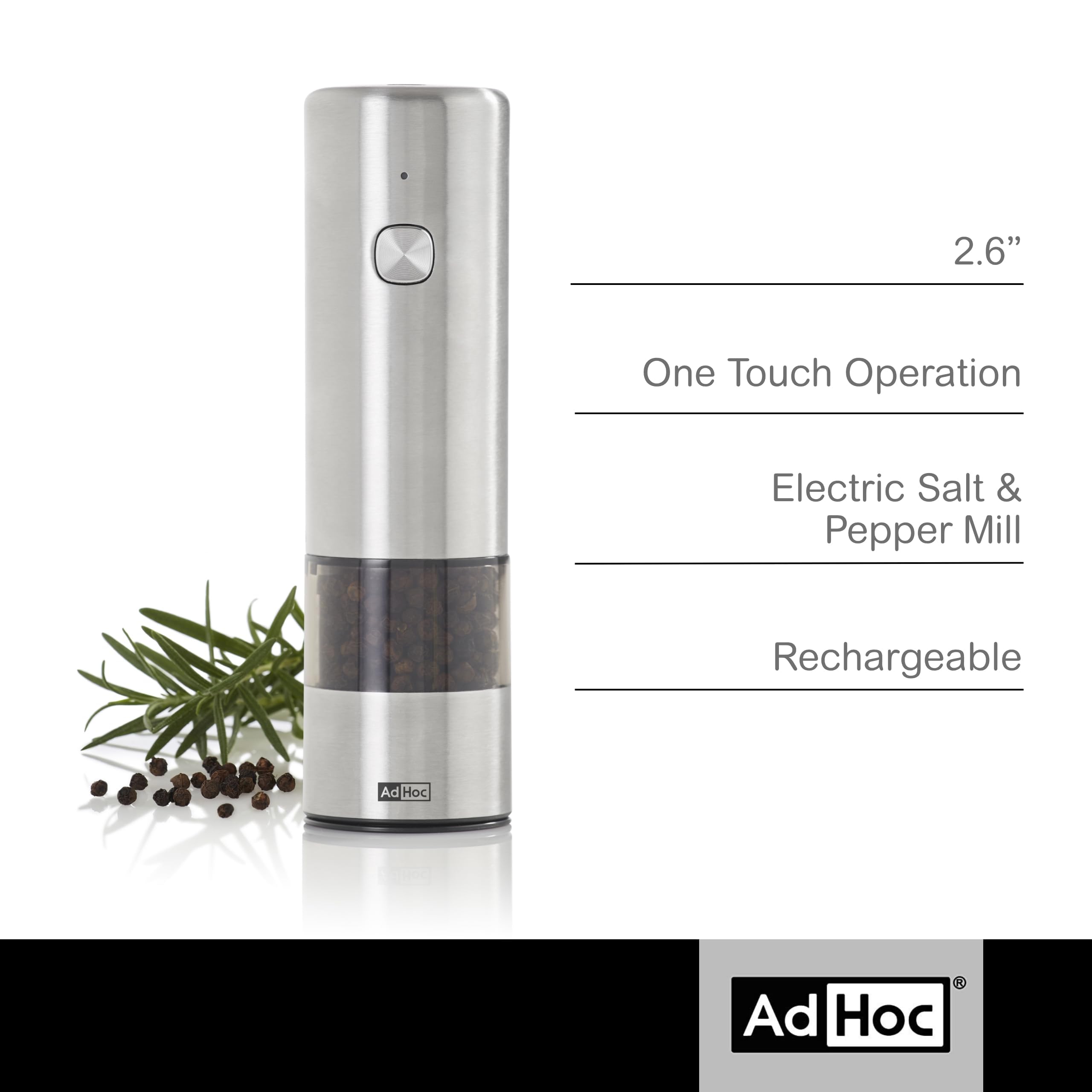 AdHoc EP102 - Macinasale elettrico i.Mill, macinino CeraCut® Ceramic, batteria al litio, acciaio INOX e acrilico