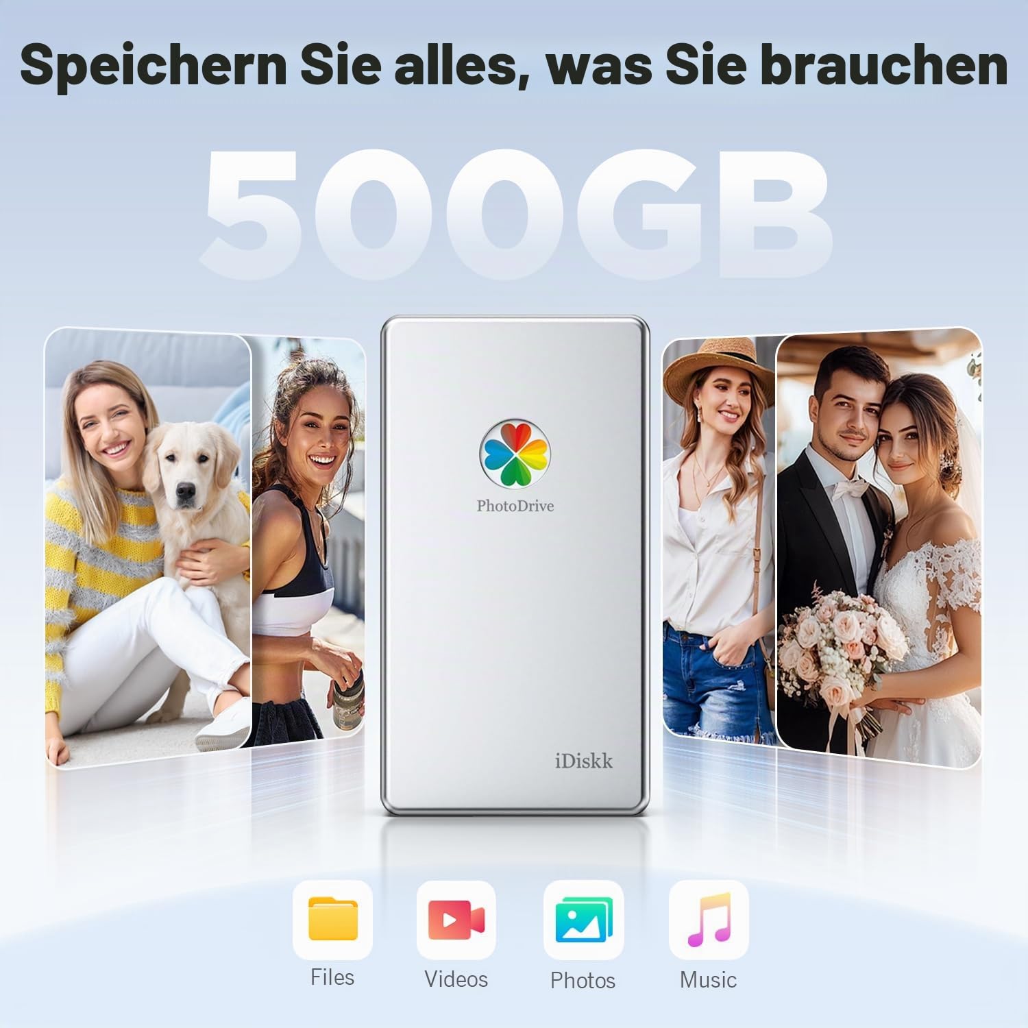 iDiskk Externe Festplatte für das iPhone, 500GBvon Apple zertifizierte Festplatte, automatische Sicherung von Fotos Videos und Dateien,tragbarer Fotospeicher für iPhone17/16/15,iPad,Android,Mac und PC