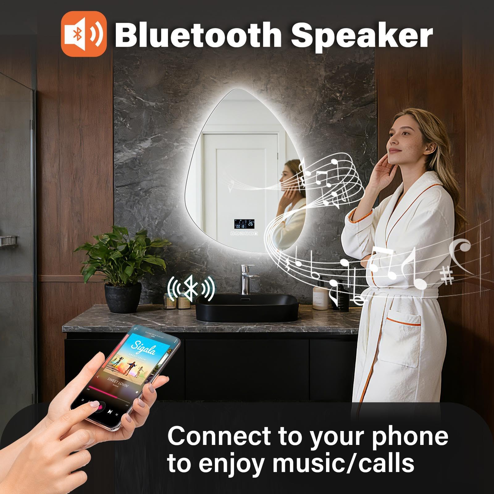 Miroir de salle de bain avec éclairage, LED, 45 x 60 cm, interrupteur tactile, intensité variable, 3 couleurs de lumière, anti-buée, fonction mémoire, haut-parleurs Bluetooth, protection contre