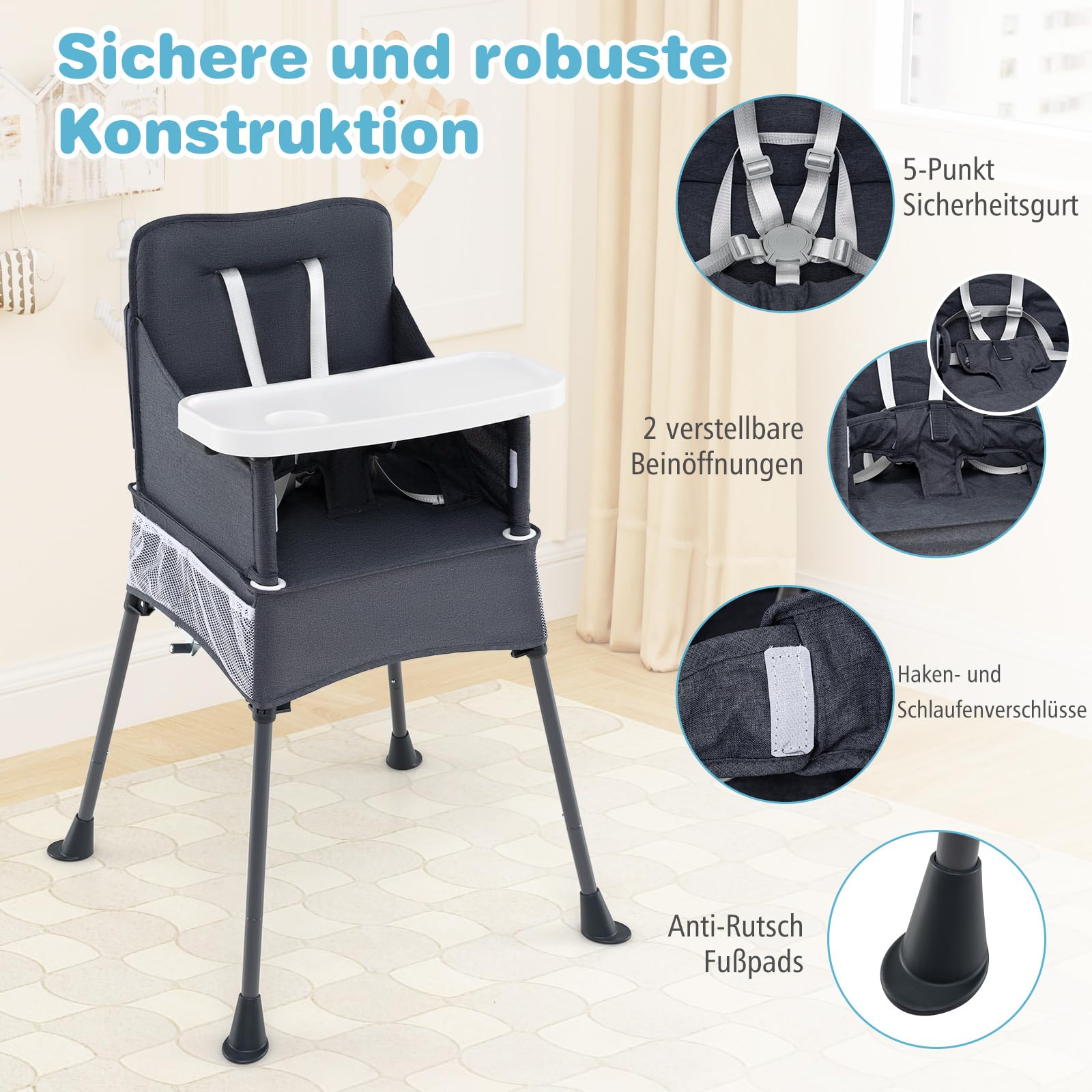 COSTWAY Hochstuhl Baby klappbar, Kinderhochstuhl mit verstellbarem Tablett, Aufbewahrungstasche & Sicherheitsgurt, Babystuhl mit Tragetasche, Babyhochstuhl für Babys von 6-36 Monaten