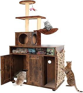 Cat Tree with Cat Litter Box Enclosure, Hidden Cat Washroom Furniture with Divider, Large Wooden Cat House with Cat Tree Condo, Scratching Post and Soft Plush Perch Rustic Brown