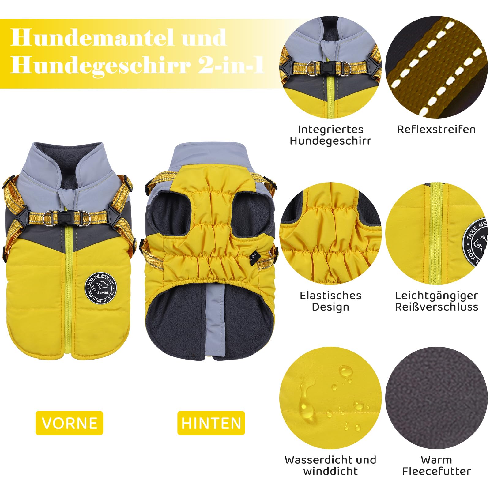 Savlot Wasserdichter Hundemantel Winter Warme Jacke mit Geschirr Reflektierend für Chihuahua Dackel Kleine Hunde Hundepullover