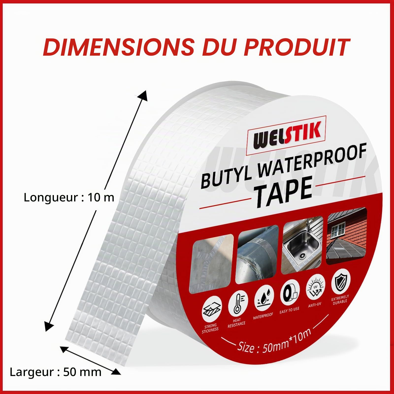 WELSTIK Ruban butyle imperméable aluminium argenté 50 mm x 10 m pour étanchéité toit camping-car fenêtres