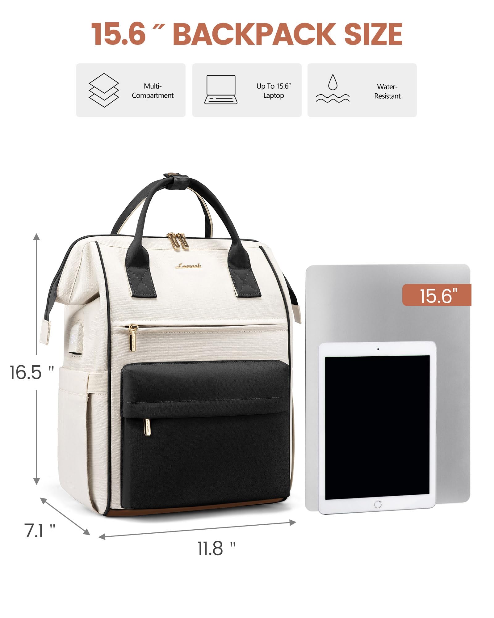 LOVEVOOK Zaino Porta PC Donna, Da Viaggio Lavoro Grande, Impermeabile Per Scuola Università, 15.6 Pollici Computer Laptop Travel Backpack Waterproof, Ufficio Antifurto Elegante Nero