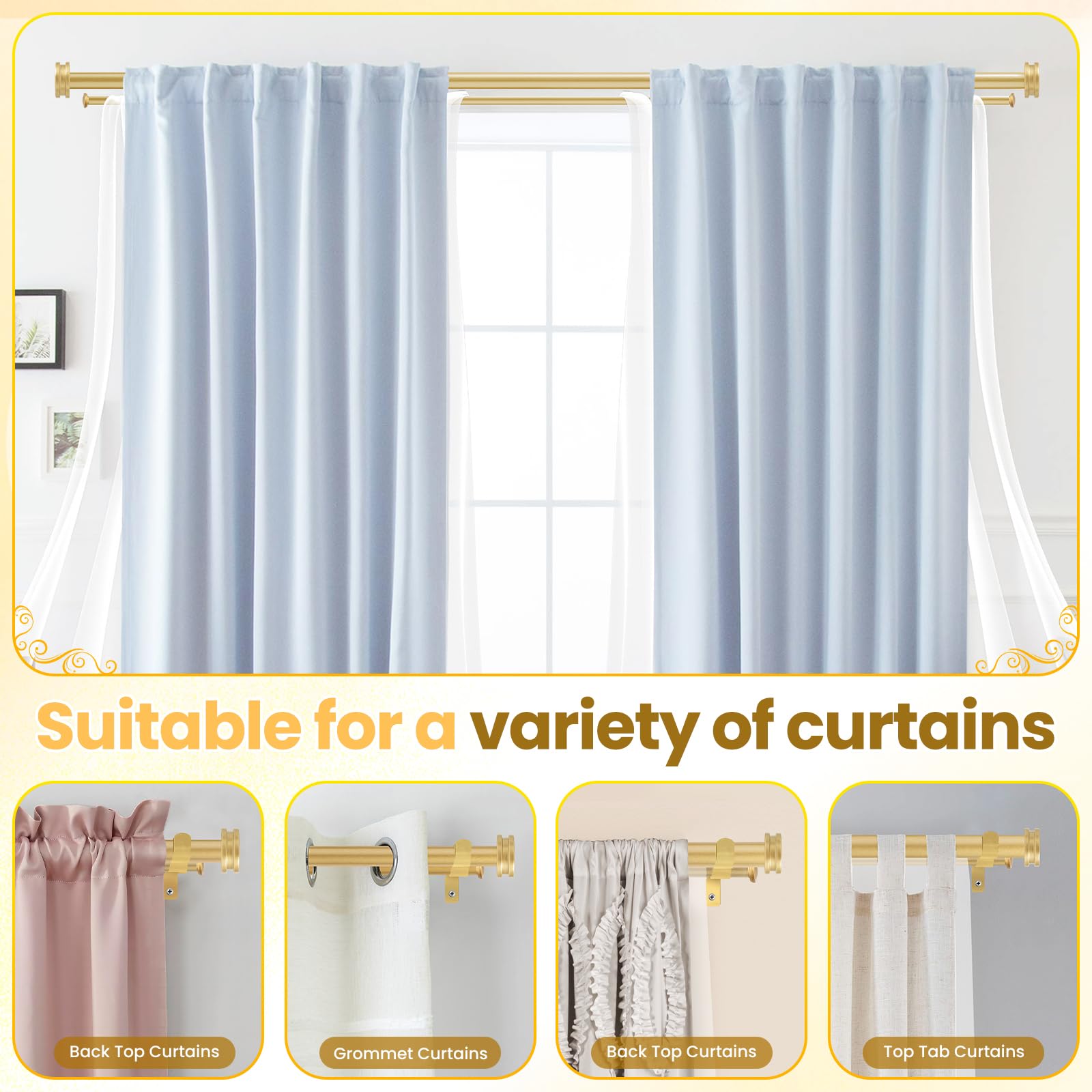 Tringle à rideaux double de 2,5 cm - Doré - 122 à 213 cm - Très résistante - Décoration pour fenêtres avec petit embout