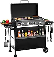 Royal Gourmet PD4001 4-Burner Propane Gas Griddle with Detachable Cart, Tabletop Convertible, 389 Sq In Flat Top Grill with Hood, Black