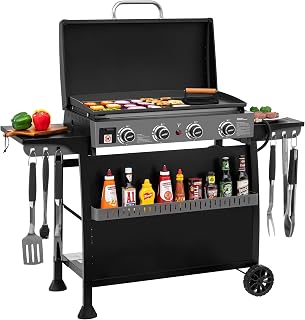 Royal Gourmet PD4001 4-Burner Propane Gas Griddle with Removable Cart, Tabletop Convertible Flat Top Grill, 389 Sq In Hood - Black