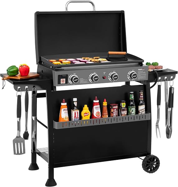 A flexible 4-burner griddle built for portable outdoor cooking