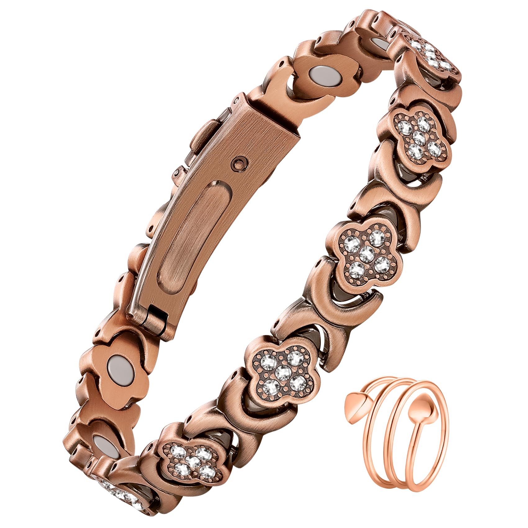 Jecanori Bracelet magnétique en cuivre pur à 99,99 % pour femme, bracelet en cuivre ultra résistant avec boîte cadeau et outil de retrait