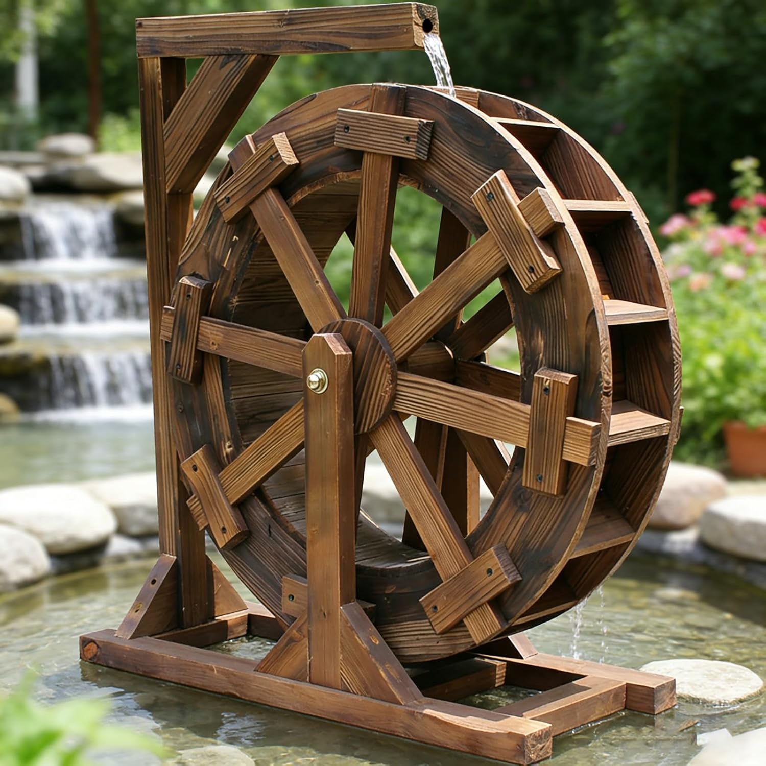 Outdoor Garden Water Wheel Fountain, Self-Rotating Wooden Water Feature, Vintage Rustic Decoration for Patio Pond Pool, Complete Waterfall Fountain(60cm)