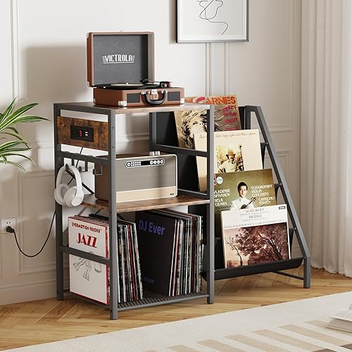 Soporte grande para tocadiscos con almacenamiento de vinilo, mesa de tocadiscos con almacenamiento de discos de vinilo de 4 niveles para al menos