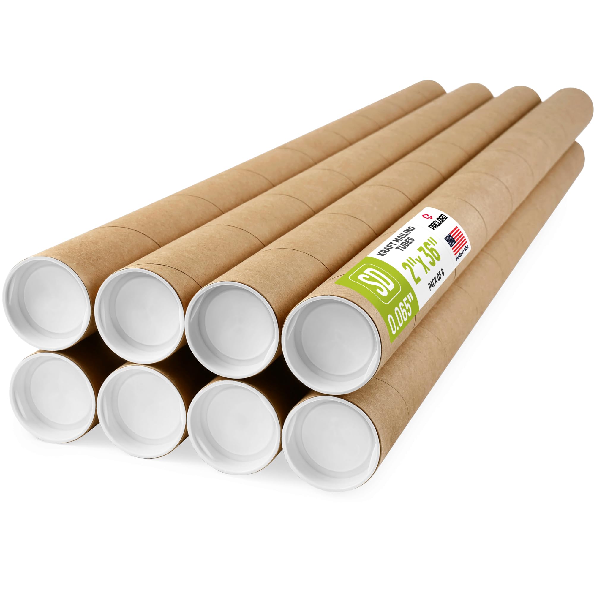 Tubos de correo de papel kraft reforzados de 2 x 36 pulgadas, paquete de 8 tubos con 2 tapas cada uno, tubo de póster aprobado por USPS, tubo de cartón fabricado en Estados Unidos para enviar y