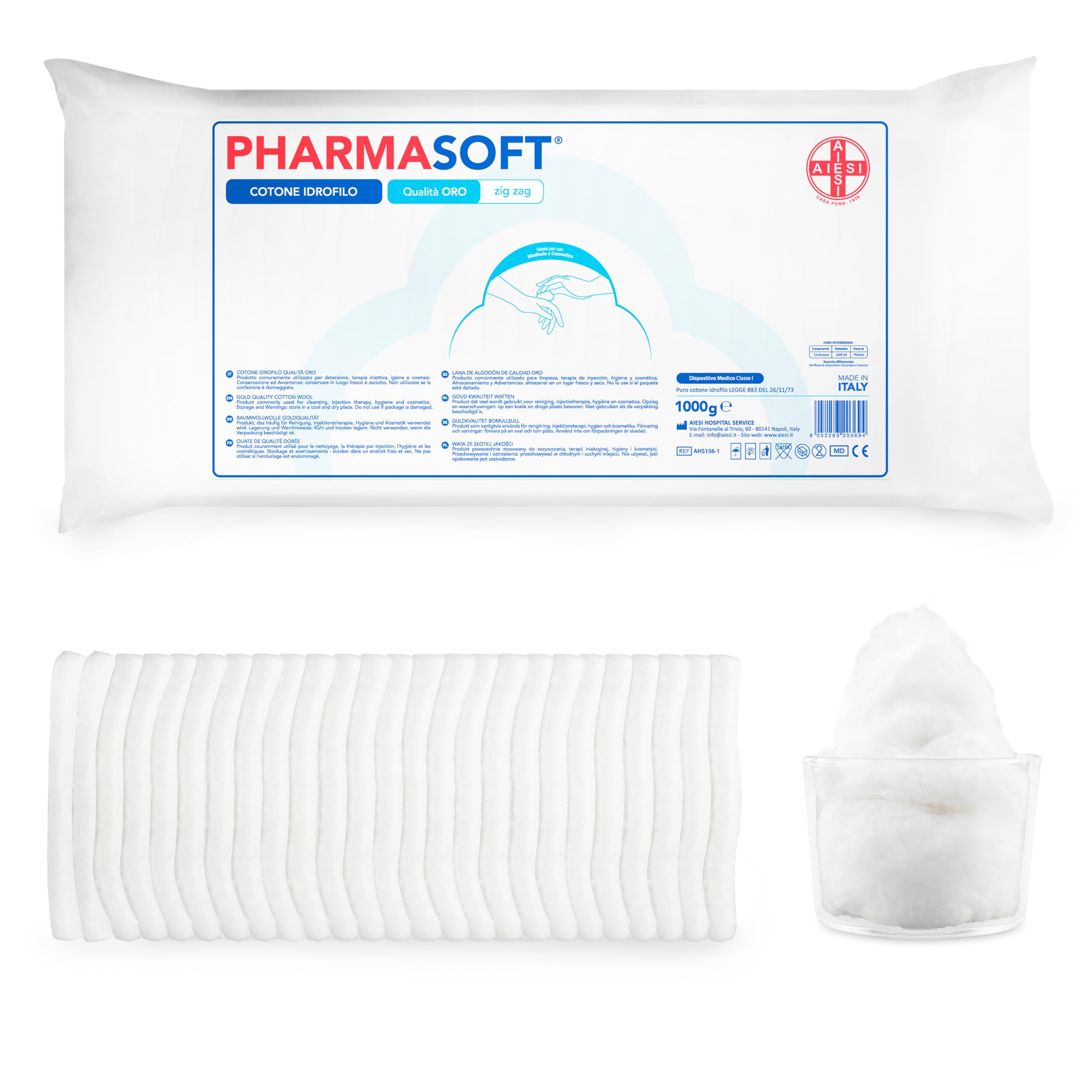 AIESI® Cotone idrofilo (1 kg) qualità oro a zig zag per uso sanitario PHARMASOFT, Made in Italy