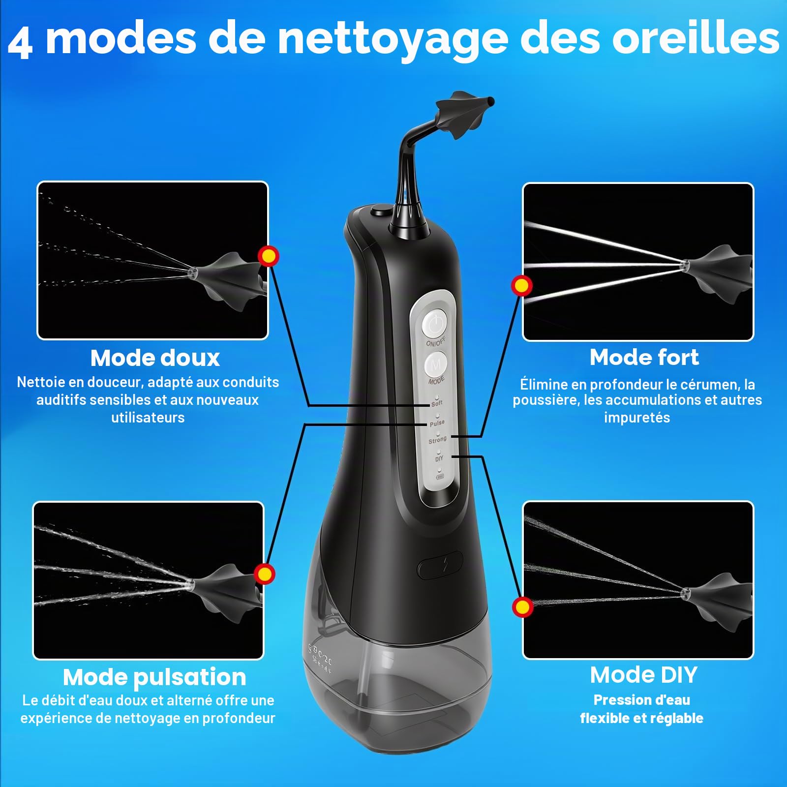 Nettoyeur d'oreille électrique avec 4 modes de pression, étanche IPX7, douche d'oreille avec 4 buses, rinçage des oreilles pour usage domestique, nettoyant auriculaire pour enfants adultes, noir