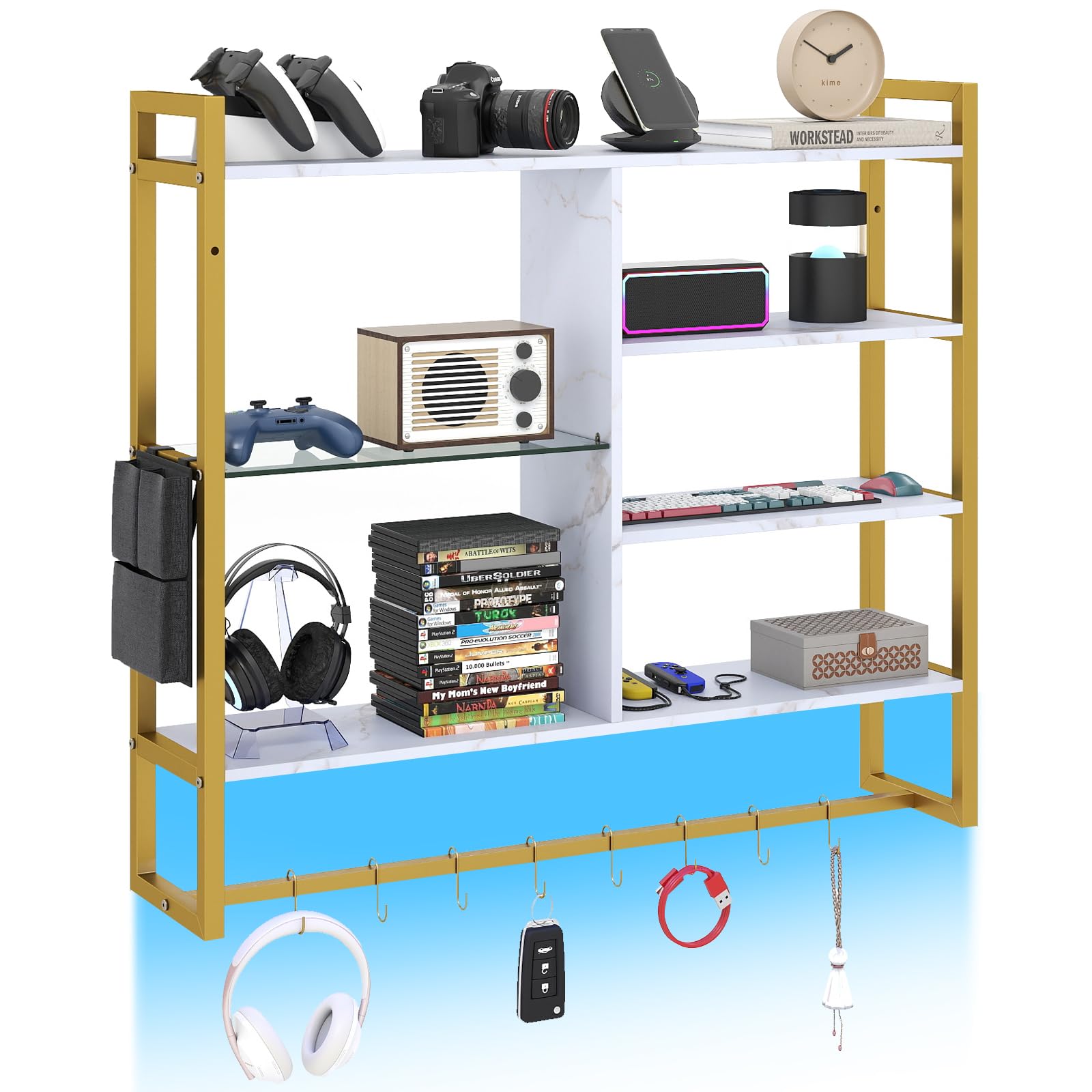 COSTWAY 6-Tier Floating Shelves, Wall Mounted Pipe Shelving with 8 S-Shaped Hooks & Side Pocket, Hanging Display Rack for Home Kitchen Bar (Gold+White, with LED Lights, Remote & APP Control)