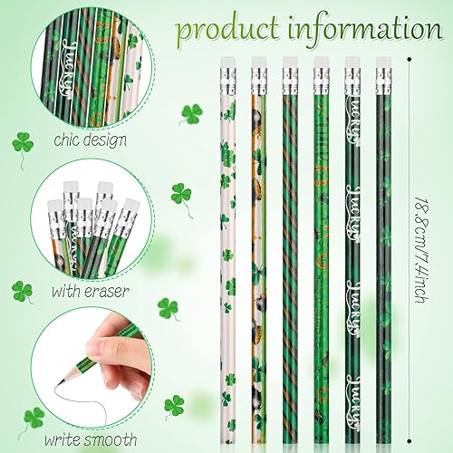 Miniatura 5 de 240 lápices del día de San Patricio lápices irlandeses para estudiantes lápices de trébol con borradores lápices de madera surtidos para niños