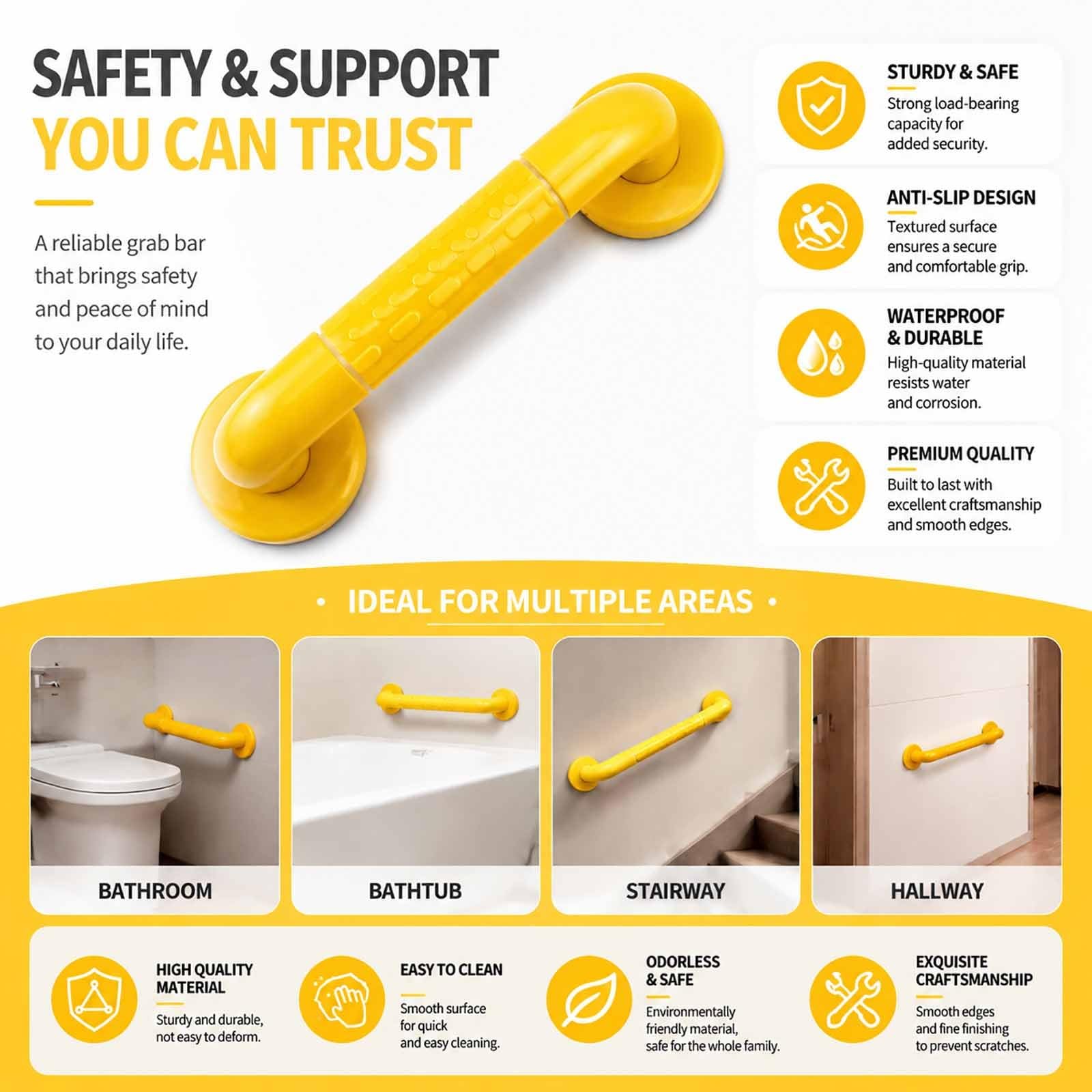 Barras De Apoyo para Bañera, con Agarre Antideslizante Texturizado Que Brilla En La Oscuridad, Barra Recta De Pared para Baño, Ducha Y Bañera.(Yellow,70cm)