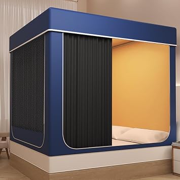 Queen Size Painted Stainless Canopy Bed Frame,with Covered Mosquito Net and 3PCS Completely Blackout Canopy Bed Curtains