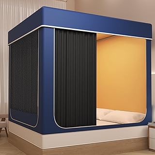 King Size Painted Stainless Canopy Bed Frame,with Covered Mosquito Net and 3PCS Completely Blackout Canopy Bed Curtains