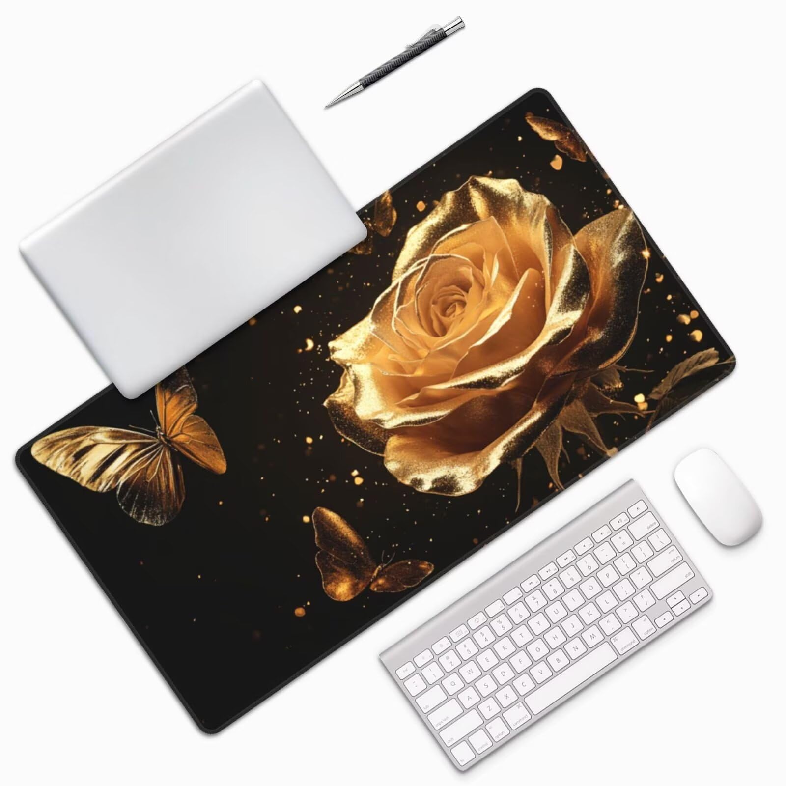 Gaming Mauspad XXL 1200x600x3mm Mousepad Verlängertes Groß Mauspad Schreibtischauflage, Genähte Kanten rutschfeste Gummibasis, Verbessert Präzision Geschwindigkeit Goldene Schmetterlingsrose L-2948